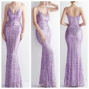 Purple Graphic Print,  Sleeveless,  Backless Contrast Sequined Mermaid G…